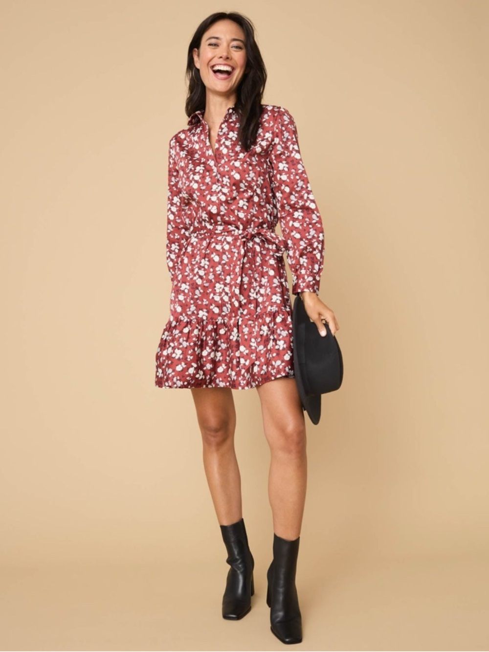 UNTUCKit Chessie Cotton Button Rust Floral Mini Shirt Dress W/ Tie Waist Size 0